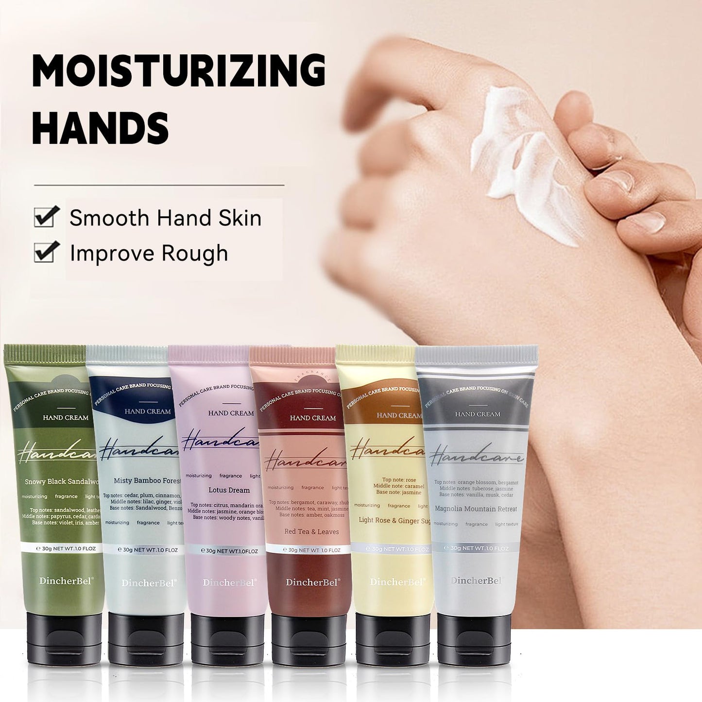 DincherBel 6-Pack Travel Size Hand Cream Set – 1oz Moisturizing Lotion with Misty Bamboo Forest Scent