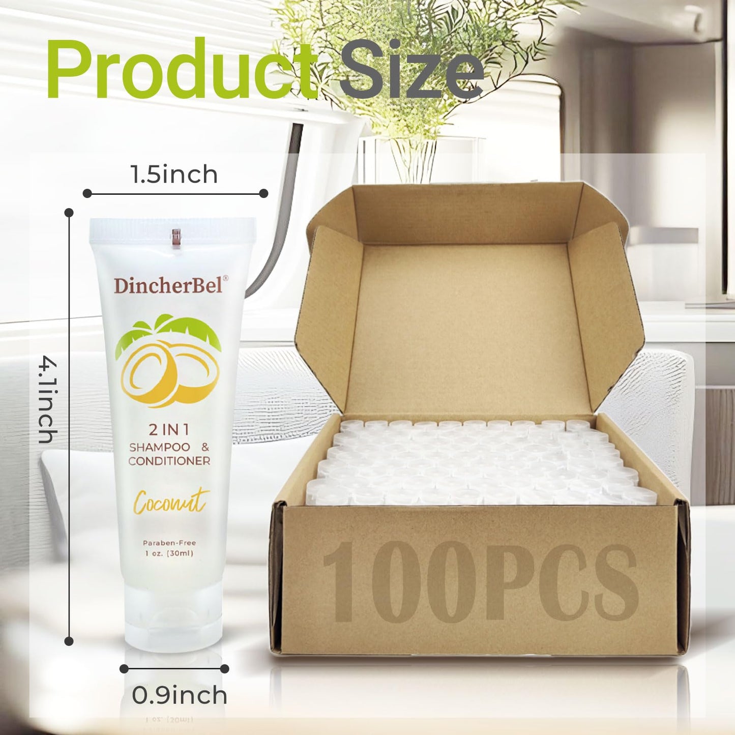 DincherBel Travel Size 2-in-1 Shampoo & Conditioner, 1 oz, 100 Pack