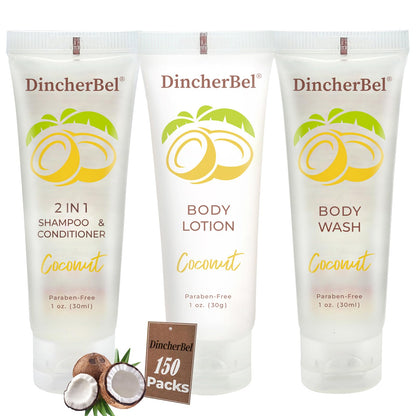 DincherBel Travel Size Toiletries Kit – 1oz Coconut 3-Piece Hotel Amenities (Shampoo/Conditioner 2-in-1, Body Wash, Body Lotion)
