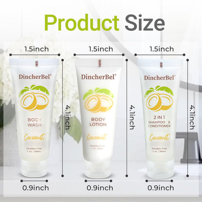 DincherBel Travel Size Toiletries Kit – 1oz Coconut 3-Piece Hotel Amenities (Shampoo/Conditioner 2-in-1, Body Wash, Body Lotion)
