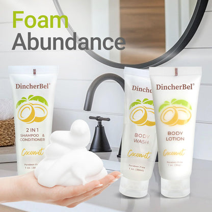 DincherBel Travel Size Toiletries Kit – 1oz Coconut 3-Piece Hotel Amenities (Shampoo/Conditioner 2-in-1, Body Wash, Body Lotion)