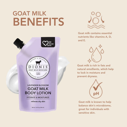 Dionis Goat Milk Body Lotion Refill Pouch 16.9oz | Hydrating, Cruelty-Free, Dermatologist Tested