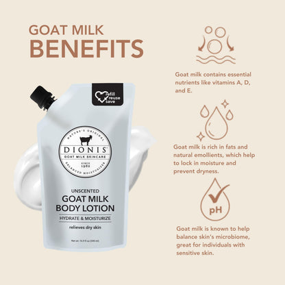 Dionis Goat Milk Body Lotion – 16.9 oz Refill Pouch, Fragrance-Free & Cruelty-Free