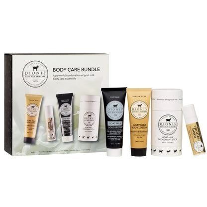 Dionis Goat Milk Vanilla Bean Core Body Care Bundle – Travel Size Lip Balm, Foot Cream, Lotion & Aluminum-Free Deodorant