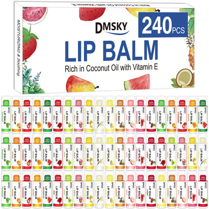 DMSKY 240 Pack Lip Balm – 15 Flavors, Vitamin E & Coconut Oil | Bulk Lip Balms