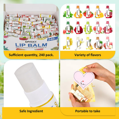 DMSKY 240 Pack Lip Balm – 15 Flavors, Vitamin E & Coconut Oil | Bulk Lip Balms