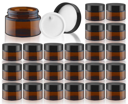 DMuuuDM 1oz Amber Glass Jars with Black Lids – 24 Pack for Creams & Lotions