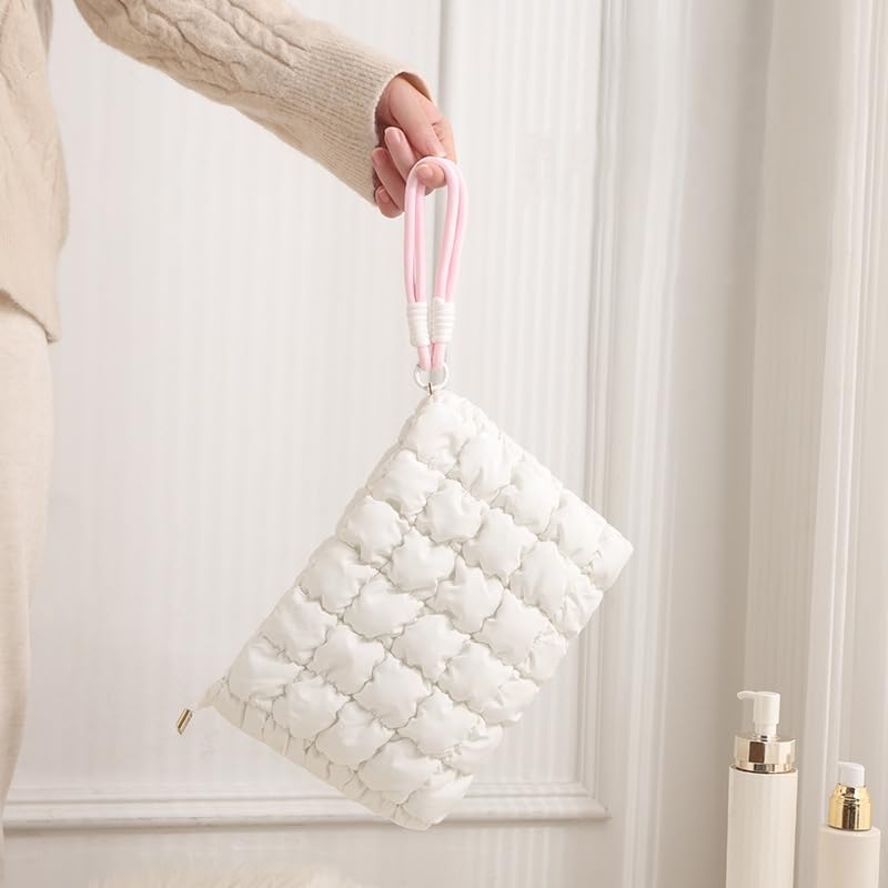 DOB SECHS Puffer Quilted Makeup Bag with Handle – Purple Checkered Cosmetic Pouch