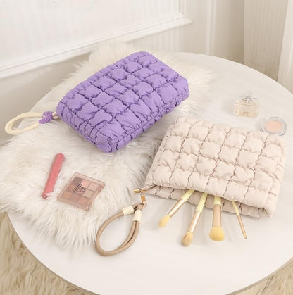 DOB SECHS Puffer Quilted Makeup Bag with Handle – Purple Checkered Cosmetic Pouch