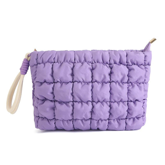 DOB SECHS Puffer Quilted Makeup Bag with Handle – Purple Checkered Cosmetic Pouch