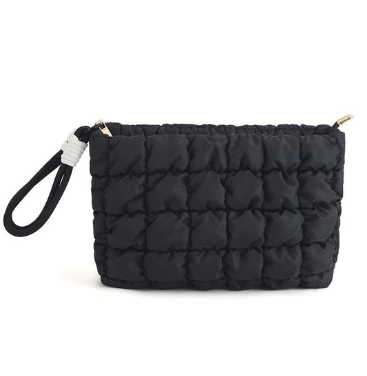 DOB SECHS Puffer Quilted Makeup Bag with Handle – Small Black Checkered Cosmetic Organizer