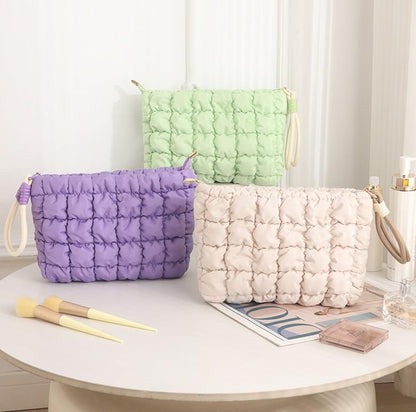DOB SECHS Puffer Quilted Makeup Bag with Handle – Purple Checkered Cosmetic Pouch