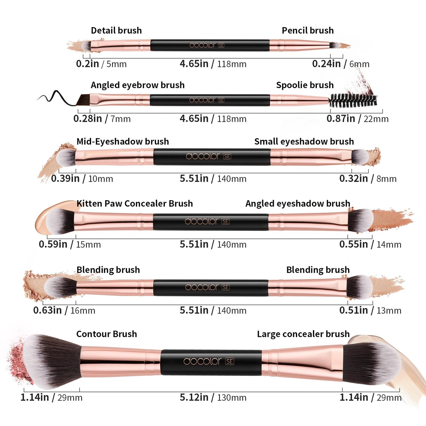 Docolor 6Pcs Double-Sided Makeup Brushes | Dual-Ended Eye & Brow Set