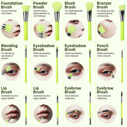 Docolor 10Pcs Neon Green Makeup Brush Set – Premium Synthetic Face & Eye Brush Kit