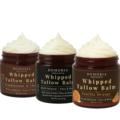 Domoria Organics 3-Pack Grass-Fed Tallow Balm Gift Set – Unscented, Frankincense & Clove, Vanilla Orange
