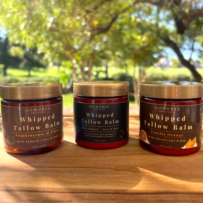 Domoria Organics 3-Pack Grass-Fed Tallow Balm Gift Set – Unscented, Frankincense & Clove, Vanilla Orange