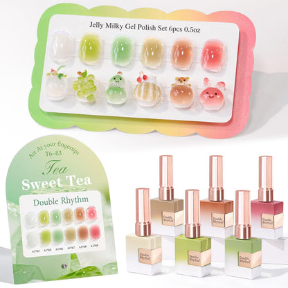 Double Rhythm 6 Pcs 15ml Gel Polish Set – Jelly White, Mint Green, Olive, Tea Brown, Rose, Red | Soak-Off Kit