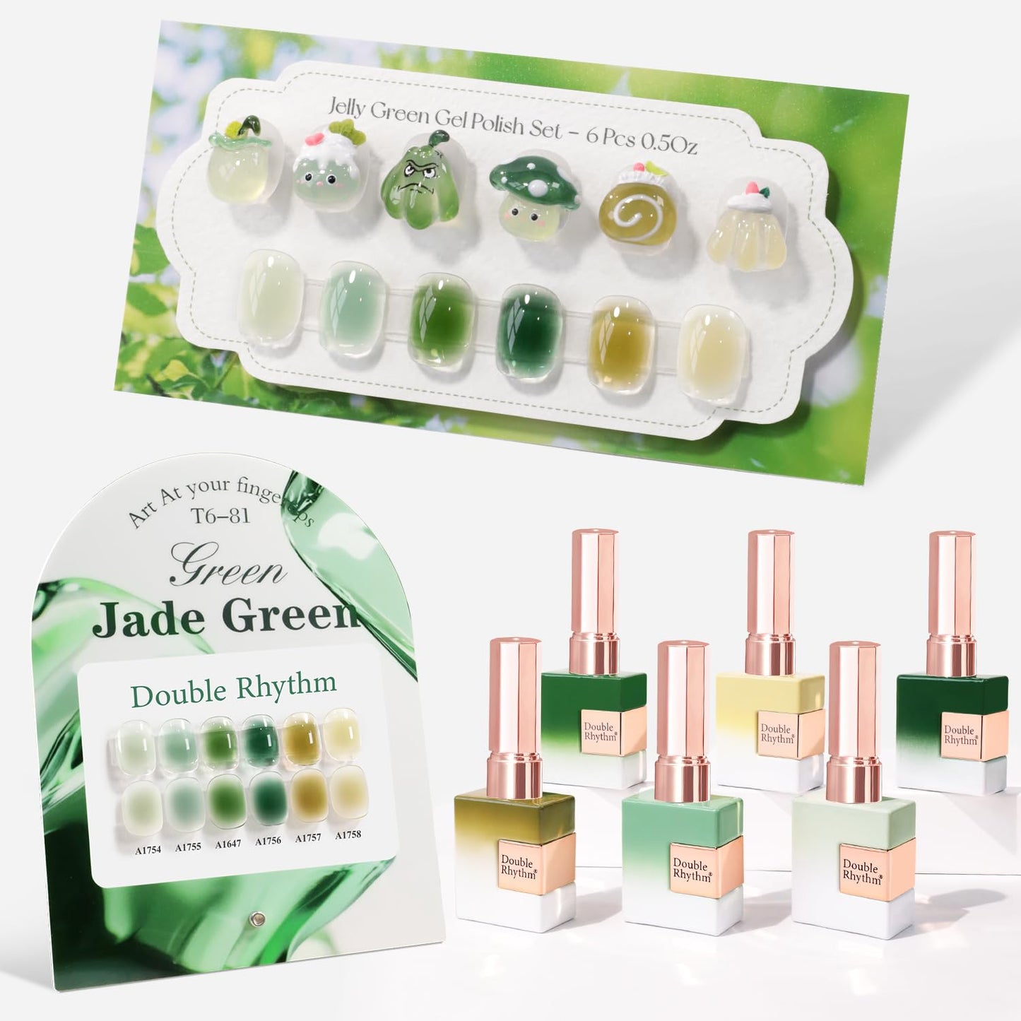 Double Rhythm 6Pcs 15ml Gel Polish Set – Same Color, Soak-Off Jelly Milky Green Olive Teal T6-81