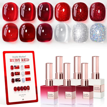 Double Rhythm 6 Pcs 15ml Gel Polish Set – Jelly Burgundy Red & Silver Glitter