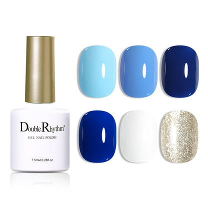 Double Rhythm Gel Polish Set of 6 – Blue Tones and White Gold Glitter Starter Kit