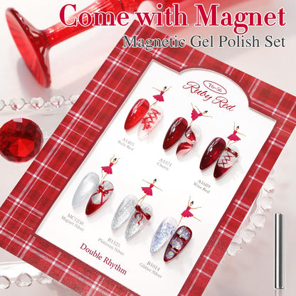 Double Rhythm 6 Pcs 15ml Gel Polish Set – Jelly Burgundy Red & Silver Glitter