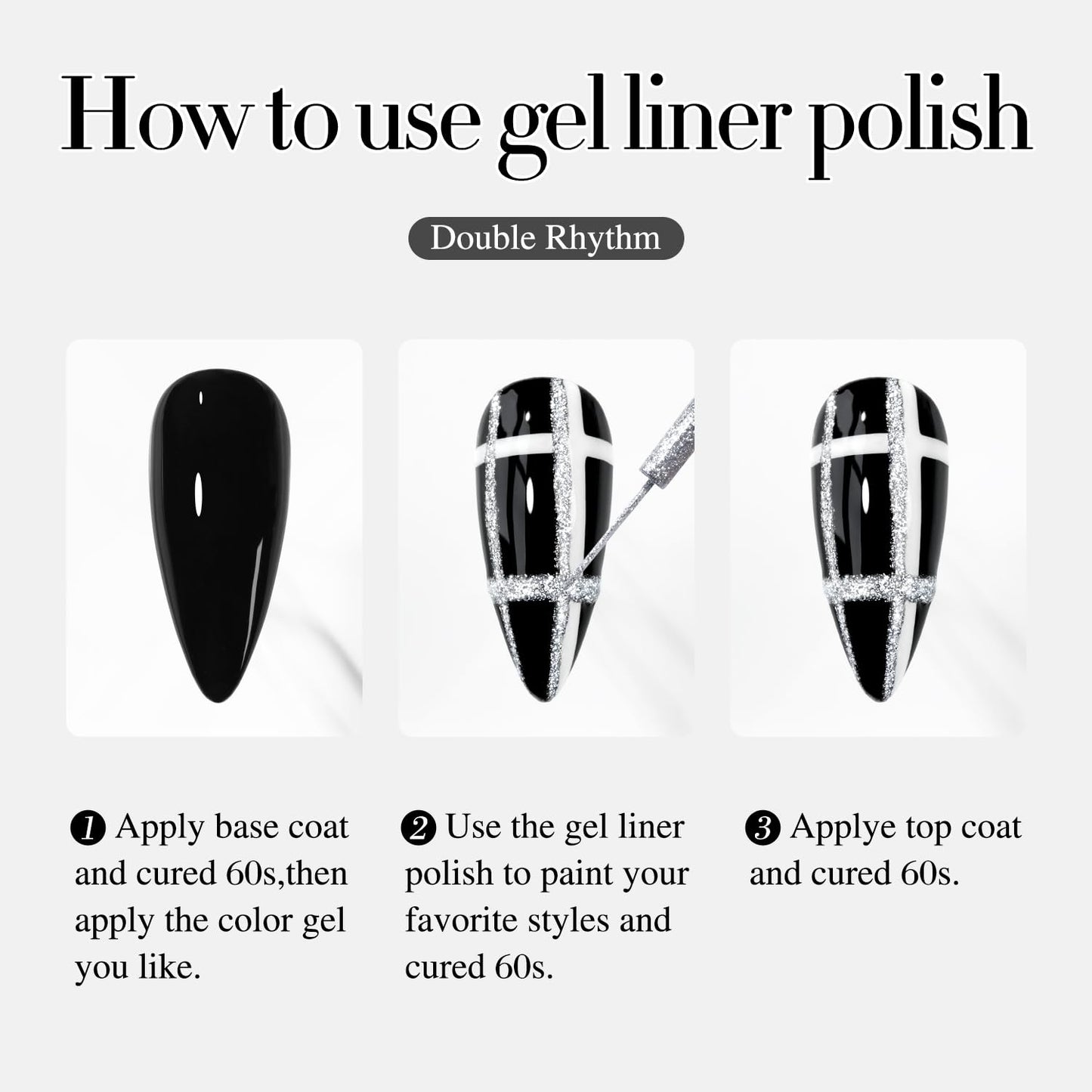 Double Rhythm 6 Pcs Gel Liner Polish Kit – 15ml Chrome Metallic Glitter Soak-Off Gel, Gold Silver Black White