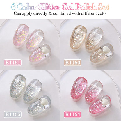 Double Rhythm 0.5 oz Glitter Gel Polish Set – 6 Colors with Display Board, 15 ml Full Size Kit