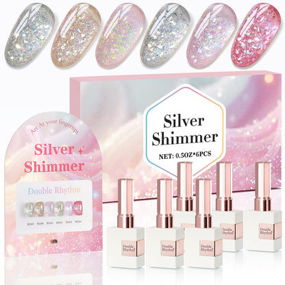 Double Rhythm 0.5 oz Glitter Gel Polish Set – 6 Colors with Display Board, 15 ml Full Size Kit