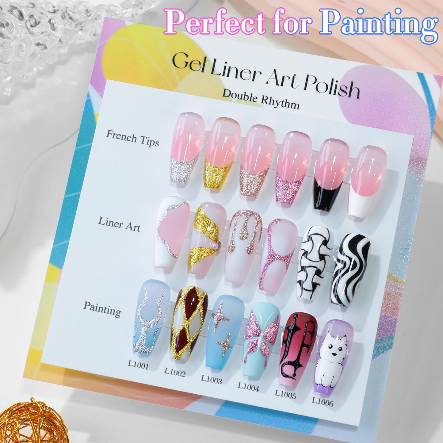 Double Rhythm 6 Pcs Gel Liner Polish Kit – 15ml Chrome Metallic Glitter Soak-Off Gel, Gold Silver Black White