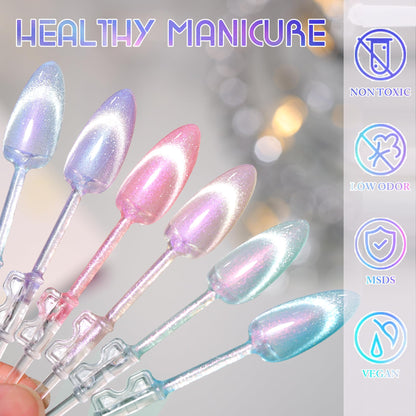 Double Rhythm Cat Eye Gel Polish Set – 6 Colors with Magnetic Holographic Finish