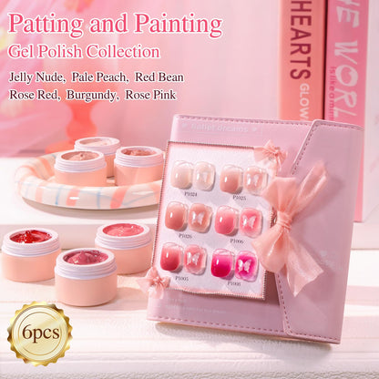 Double Rhythm Painting Gel Polish Set – 6 Colors, 100 Sponges, Grabbing Pen (Neutral Nude Rose-T6-66)