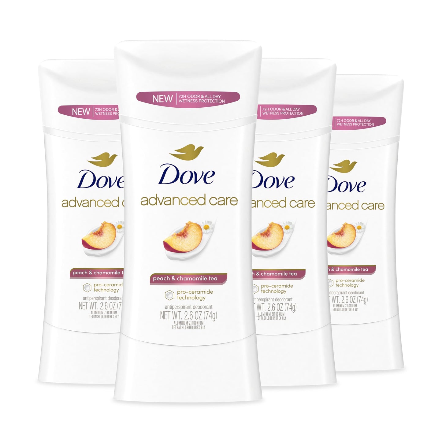 Dove Advanced Care Peach & Chamomile Tea Antiperspirant Deodorant Stick – 72h Odor Control & Skin Barrier Support, 4 Count (2.6 oz each)
