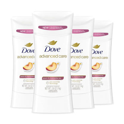 Dove Advanced Care Peach & Chamomile Tea Antiperspirant Deodorant Stick – 72h Odor Control & Skin Barrier Support, 4 Count (2.6 oz each)