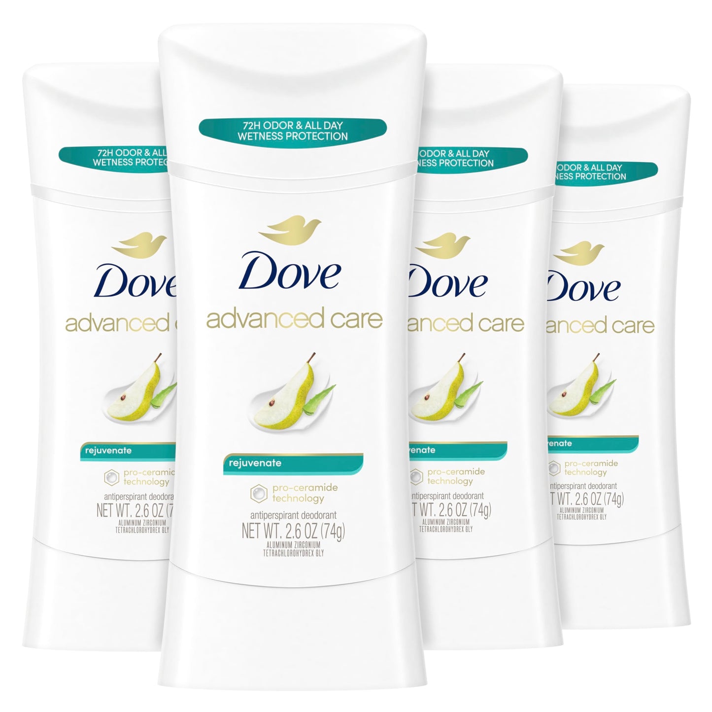 Dove Advanced Care Rejuvenate Antiperspirant Deodorant Stick – Pro-Ceramide Barrier Repair, 72-Hour Odor Control, 4-Count, 2.6 oz