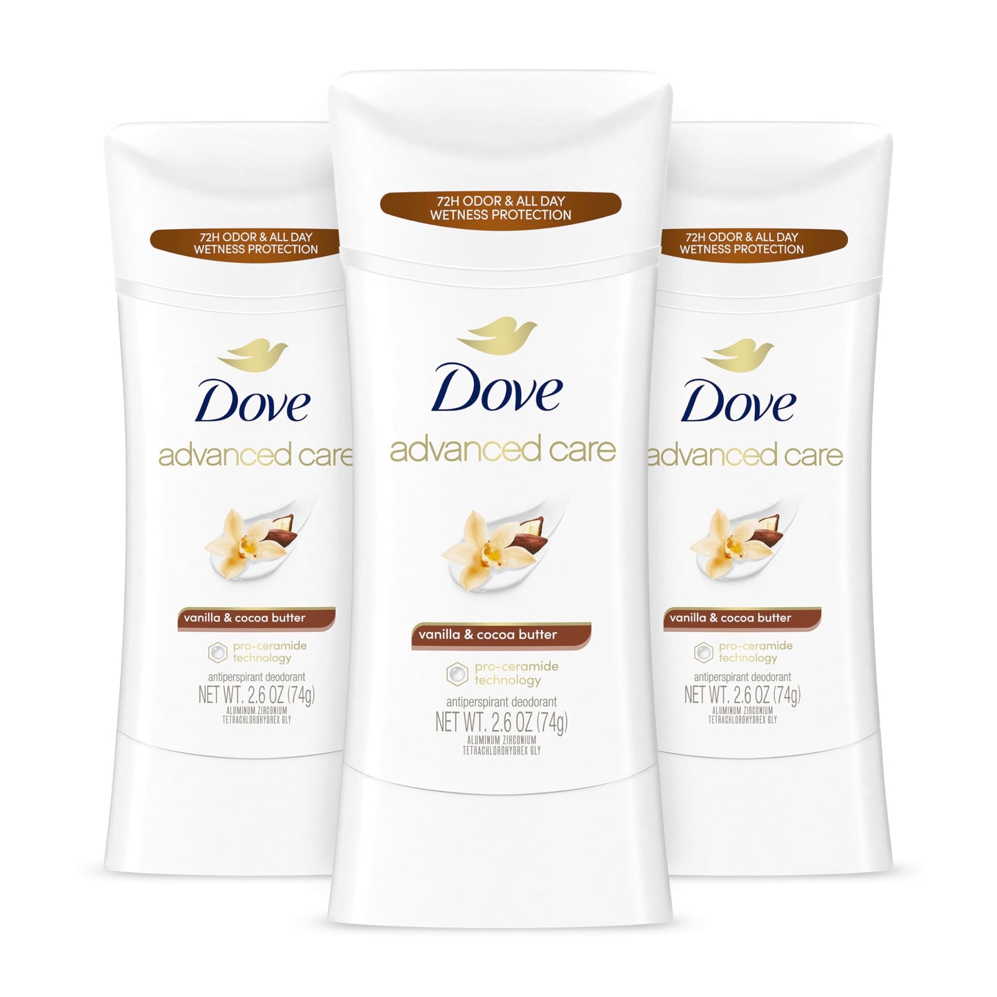 Dove Advanced Care Vanilla & Cocoa Butter Antiperspirant Deodorant Stick – 3 Count, 72-Hour Odor Control & All-Day Sweat Protection (2.6 oz each)