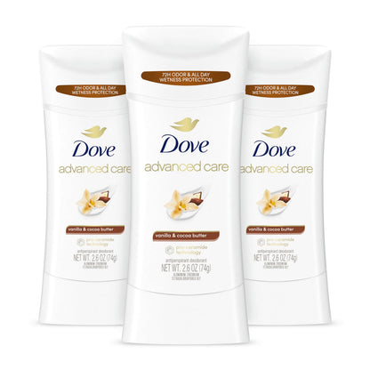 Dove Advanced Care Vanilla & Cocoa Butter Antiperspirant Deodorant Stick – 3 Count, 72-Hour Odor Control & All-Day Sweat Protection (2.6 oz each)