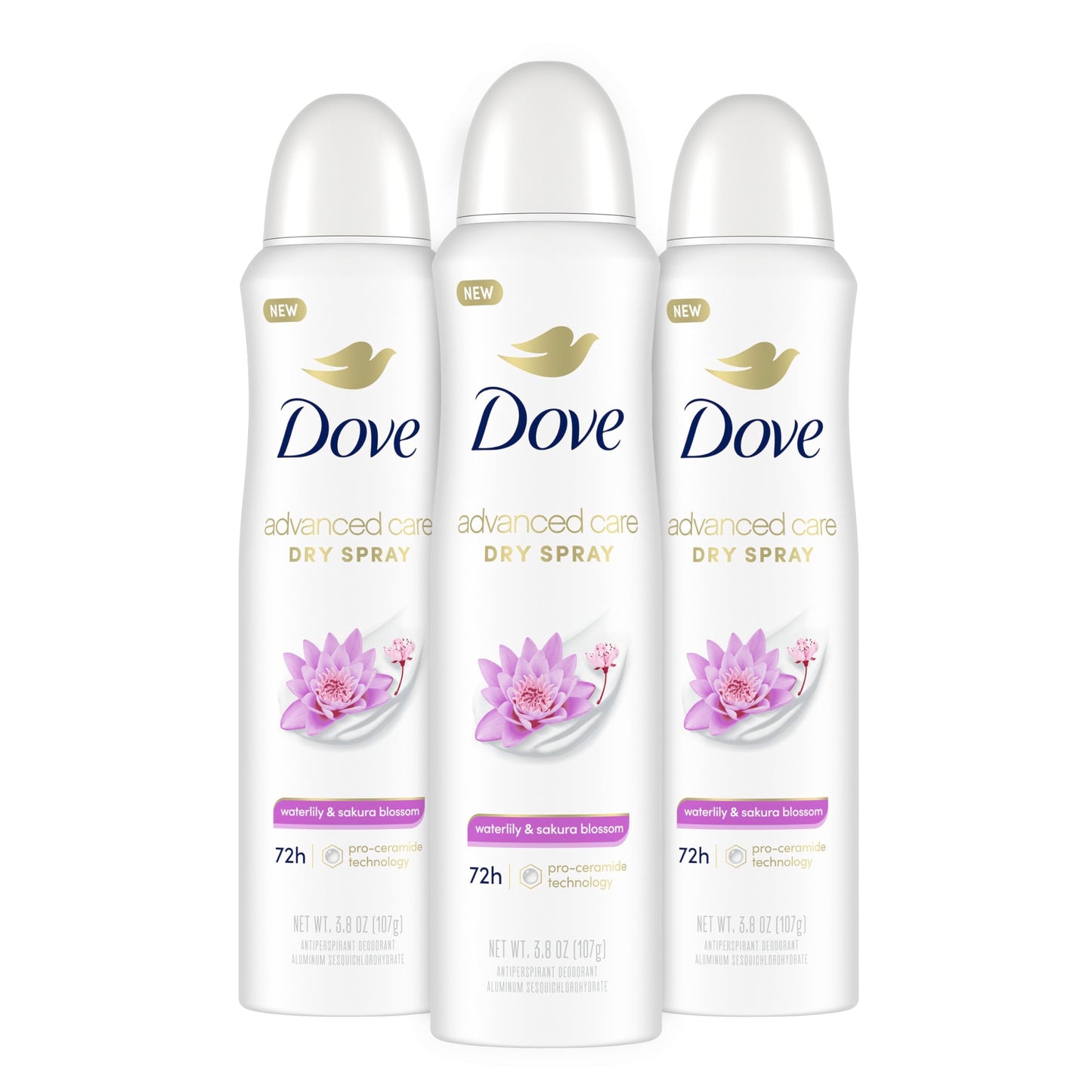 Dove Advanced Care Waterlily & Sakura Blossom Antiperspirant Spray – 3 Count, Pro-Ceramide, 72-Hour Protection