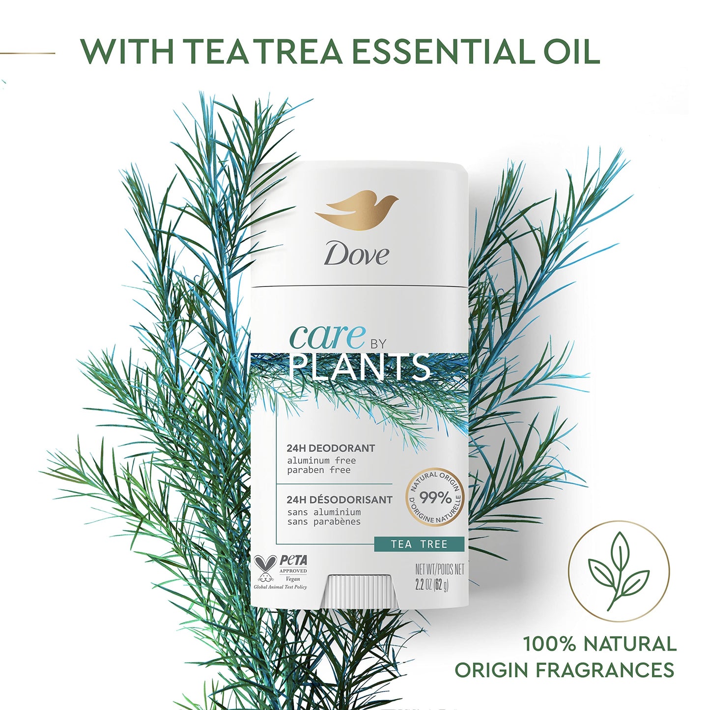 Dove Care by Plants Tea Tree Deodorant Stick — Aluminum-Free, 24h Odor Protection (3 x 2.6 oz)
