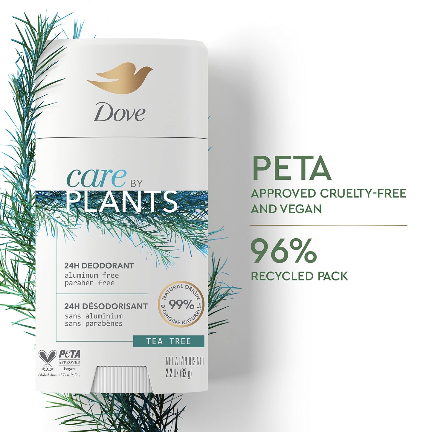 Dove Care by Plants Tea Tree Deodorant Stick — Aluminum-Free, 24h Odor Protection (3 x 2.6 oz)