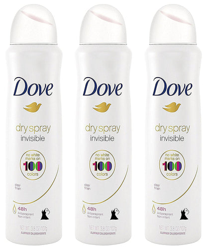 Dove Antiperspirant Dry Spray Invisible - Clear Finish, 3.8 oz per Can, Pack of 3