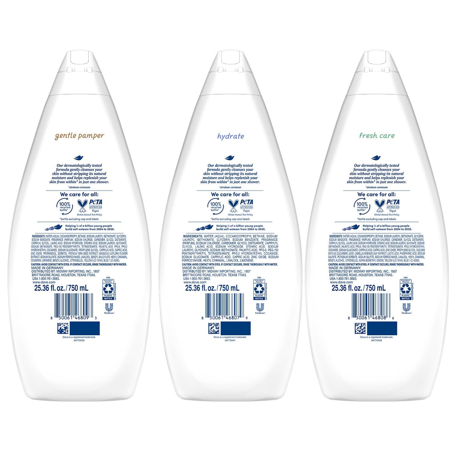 Dove Body Wash Value-Size 3-Pack – Hydrate, Fresh Care & Gentle Pamper, 25.36 oz Each