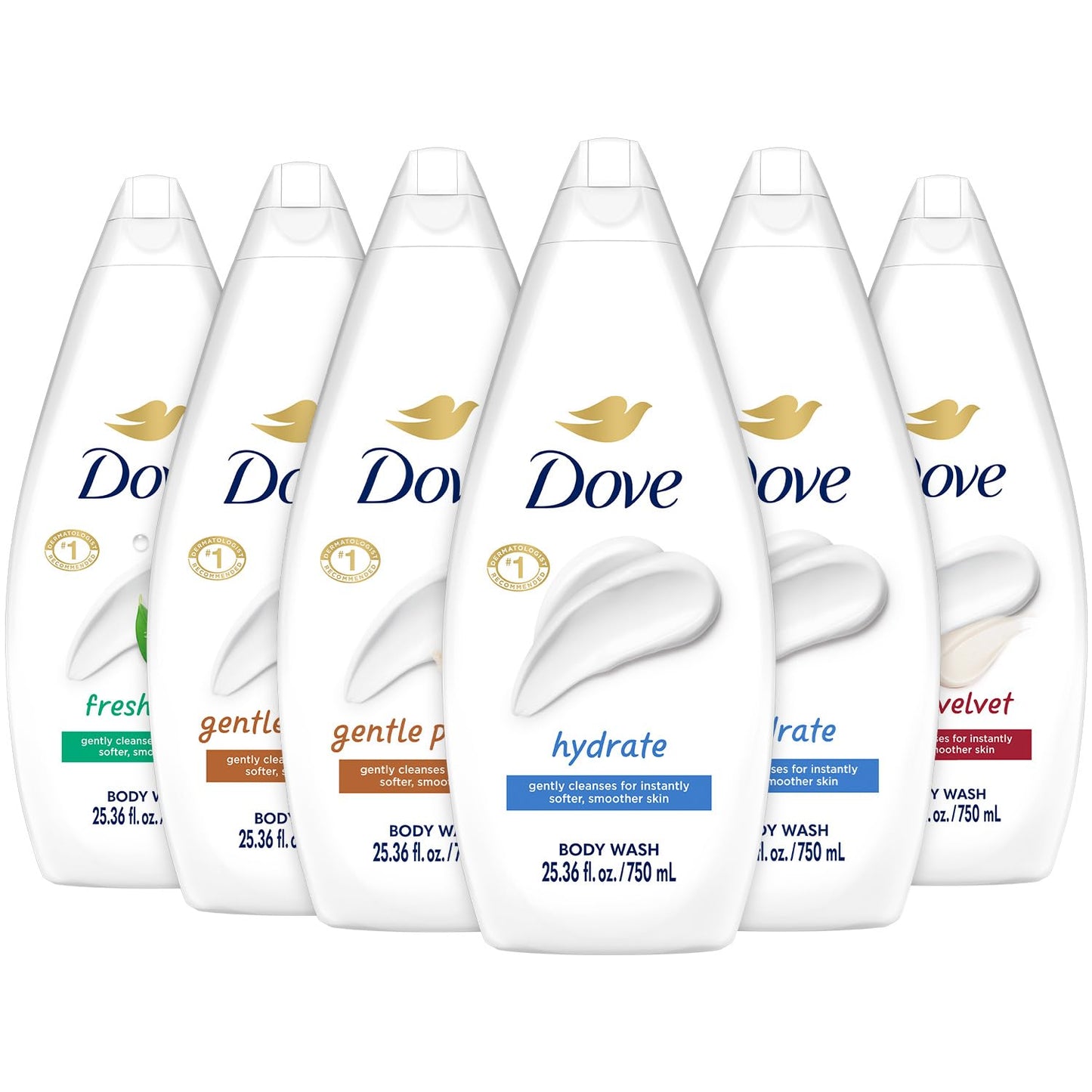 Dove Body Wash 6-Pack Value Variety – Hydrate, Gentle Pamper, Fresh Care, Silky Velvet | Family Size 25.36 oz