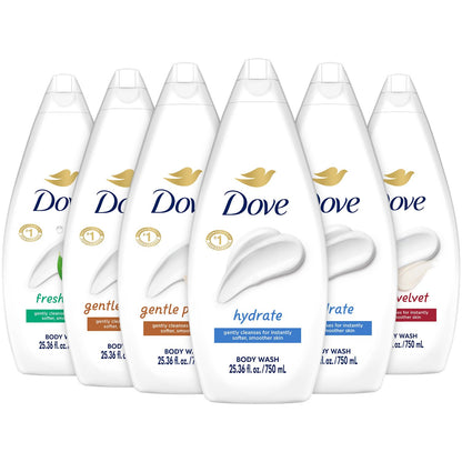 Dove Body Wash 6-Pack Value Variety – Hydrate, Gentle Pamper, Fresh Care, Silky Velvet | Family Size 25.36 oz