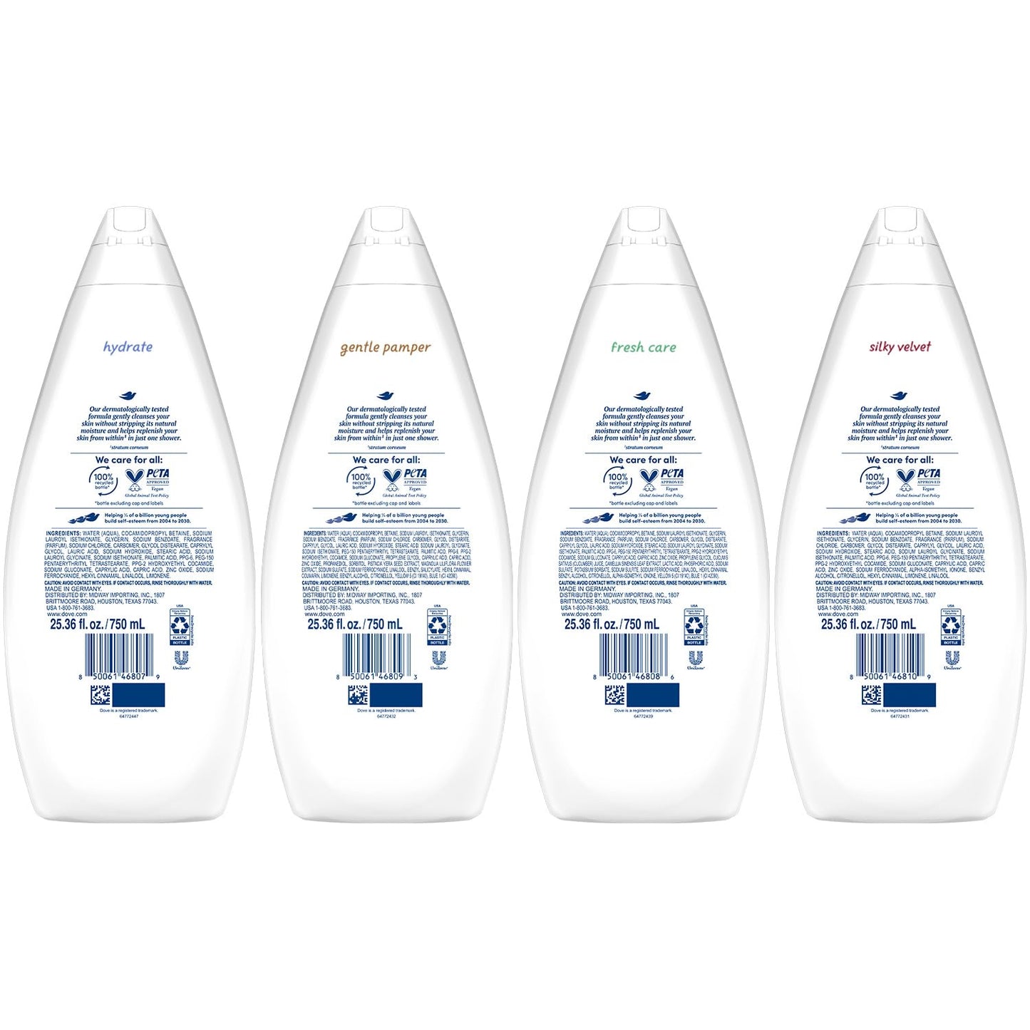 Dove Body Wash 6-Pack Value Variety – Hydrate, Gentle Pamper, Fresh Care, Silky Velvet | Family Size 25.36 oz