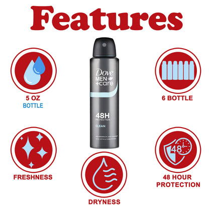 Dove Men+Care Classic Antiperspirant Spray – 6-Pack, 48-Hour Sweat & Odor Protection