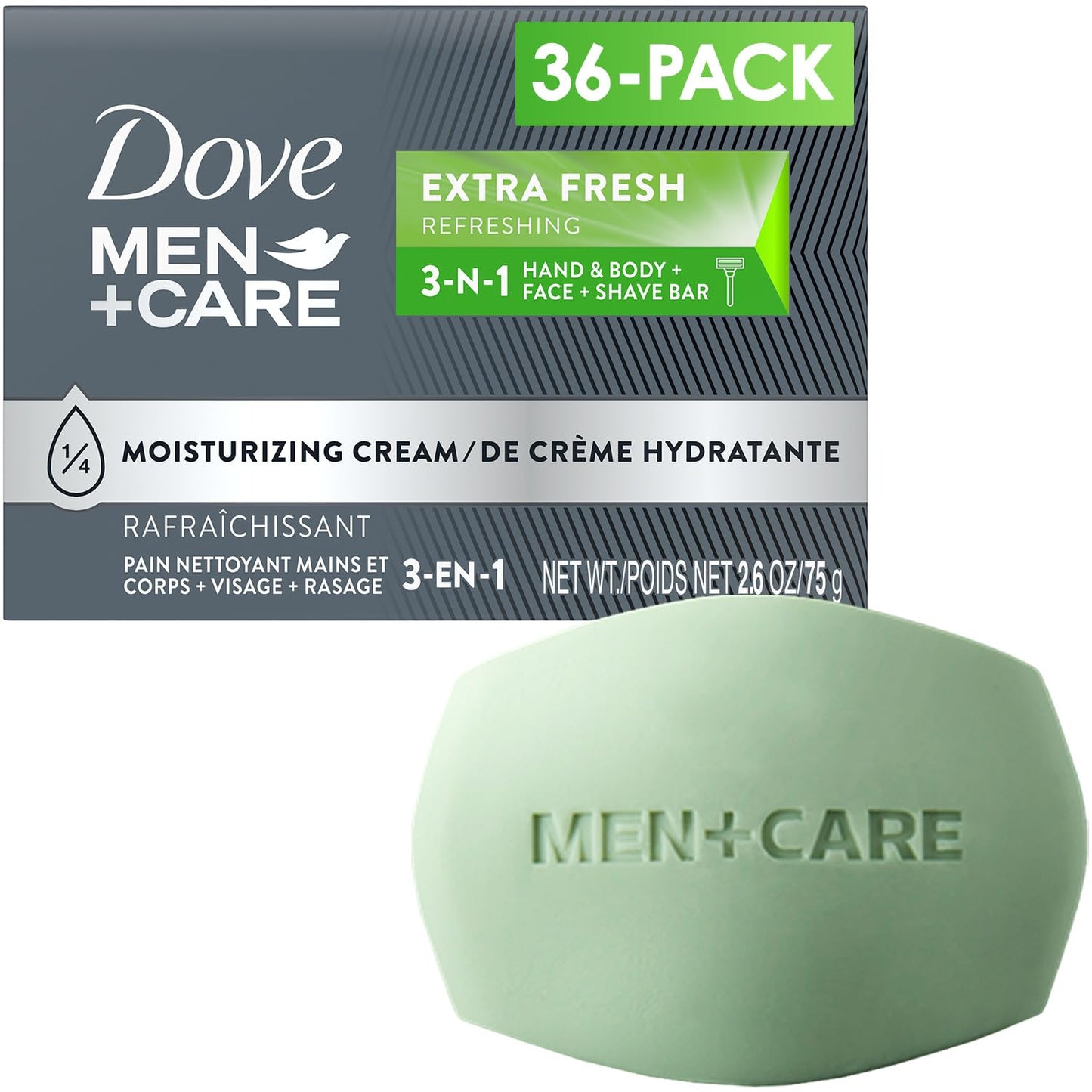 Dove Men+Care Extra Fresh Soap Bar — Hydrating 3-in-1 Cleanser for Men (36-Pack, 2.6 oz each)
