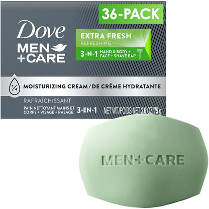 Dove Men+Care Extra Fresh Soap Bar — Hydrating 3-in-1 Cleanser for Men (36-Pack, 2.6 oz each)