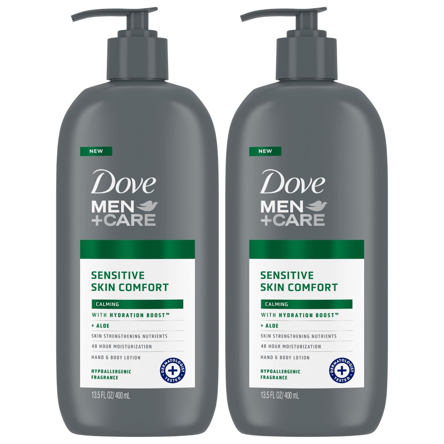 Dove Men+Care Hand & Body Lotion Value Pack – Sensitive Skin Calming Formula with Shea Butter & Aloe, 2 x 13.5 fl oz