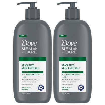 Dove Men+Care Hand & Body Lotion Value Pack – Sensitive Skin Calming Formula with Shea Butter & Aloe, 2 x 13.5 fl oz