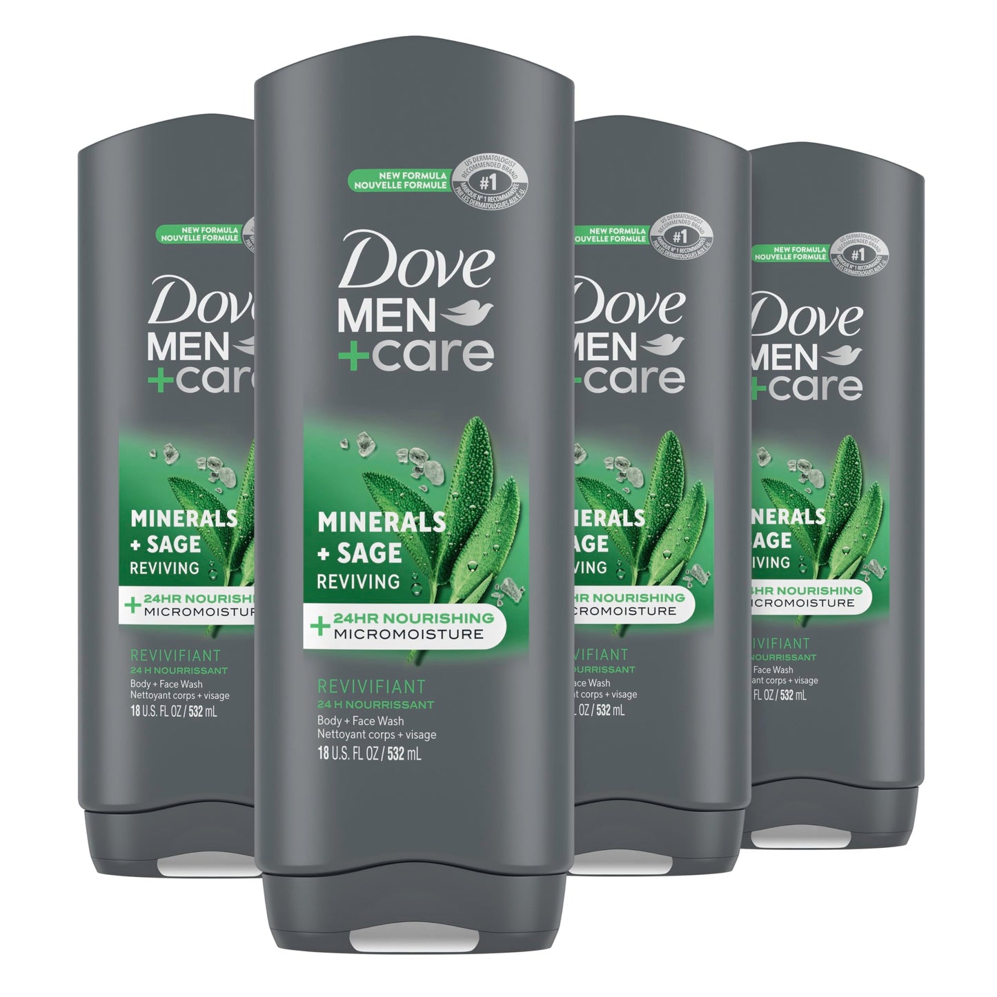 Dove Men+Care Mineral and Sage Body Wash – 4 Pack, 18 oz Each, Hydrating Cleanse for Men